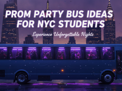 Prom party bus with students against New York City skyline