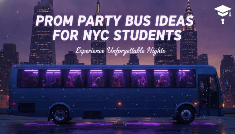 Prom party bus with students against New York City skyline