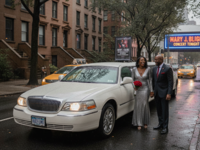 Elegant couple beside white limousine on rainy New York street