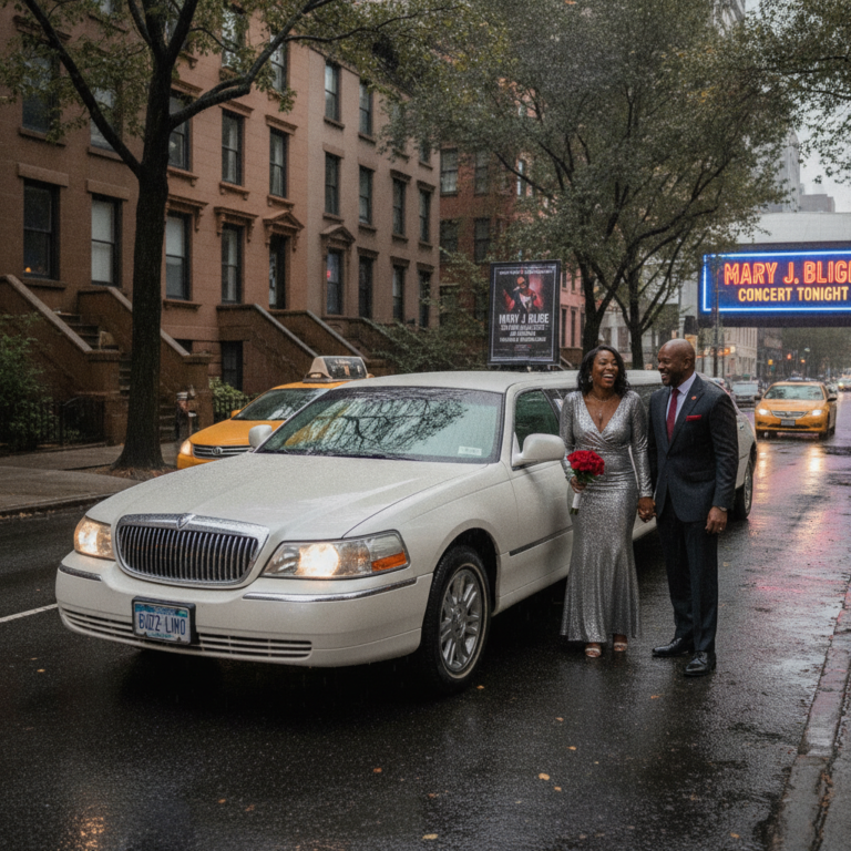 Elegant couple beside white limousine on rainy New York street