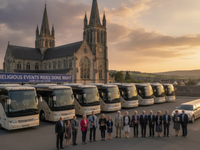 Group standing before buses and church for religious event transportation