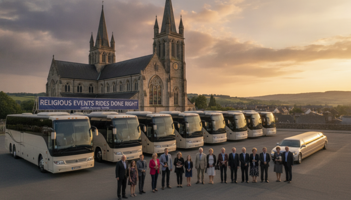 Group standing before buses and church for religious event transportation