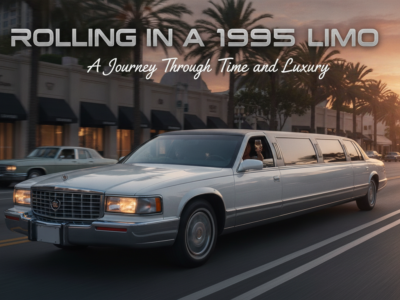 1995 white stretch limousine cruising city street at sunset