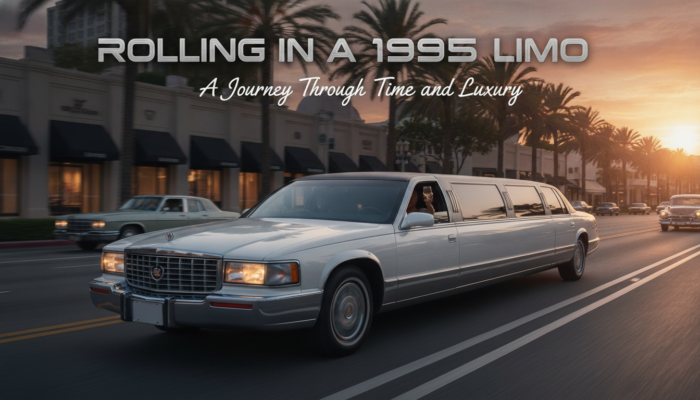 1995 white stretch limousine cruising city street at sunset