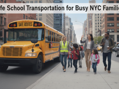 Families and children walking safely near NYC school bus
