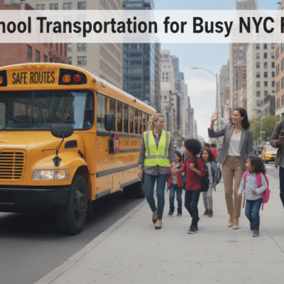 Families and children walking safely near NYC school bus