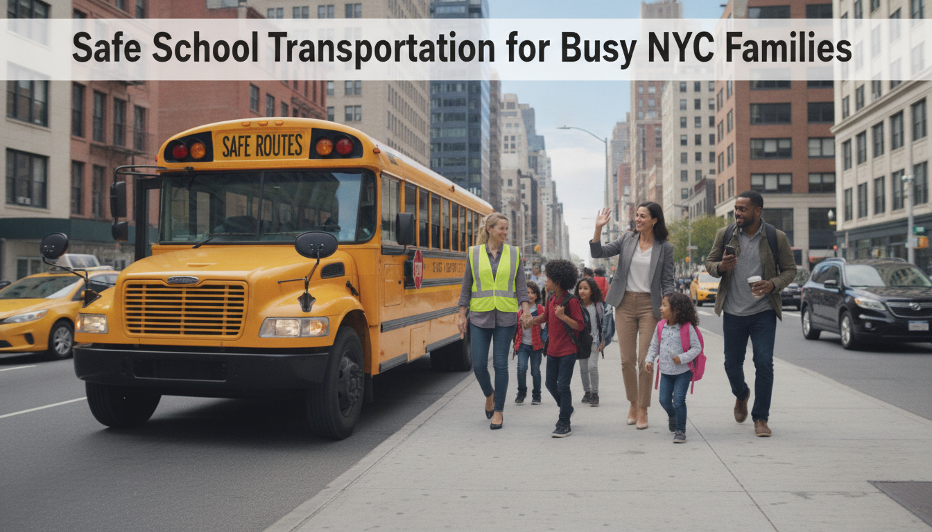 Families and children walking safely near NYC school bus