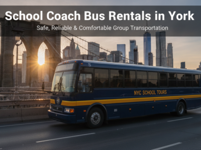 School coach bus crosses Brooklyn Bridge with New York skyline