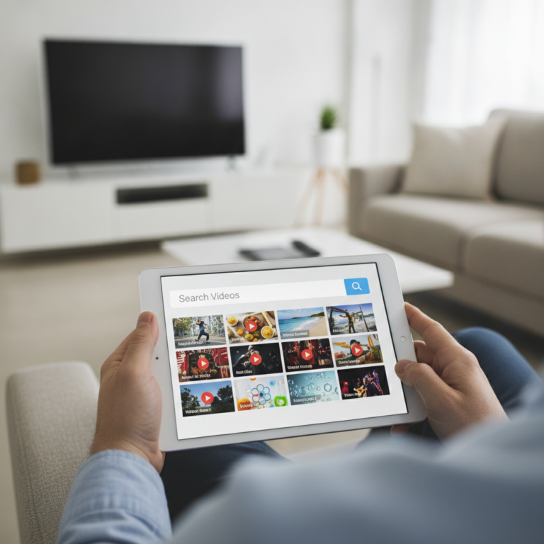 Person browsing video streaming app on tablet in living room