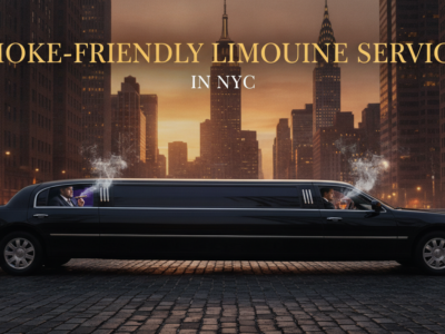 Smoke-friendly limousine service in NYC skyline at sunset