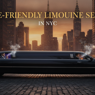 Smoke-friendly limousine service in NYC skyline at sunset