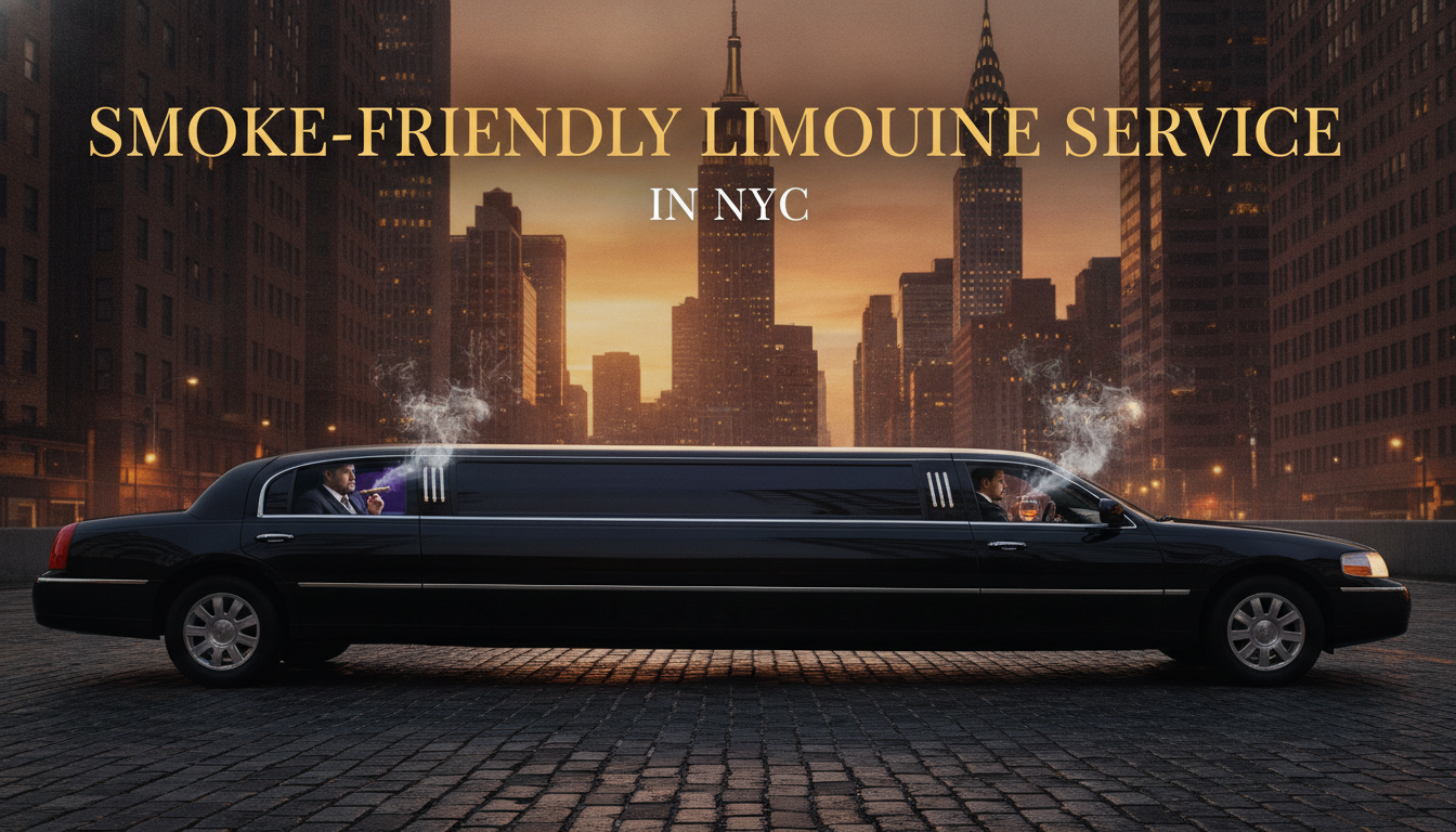 Smoke-friendly limousine service in NYC skyline at sunset