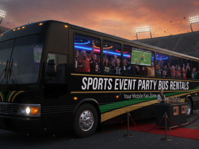 Sports party bus outside stadium with cheering fans