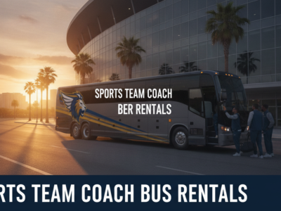 Sports team boarding coach bus outside stadium at sunset