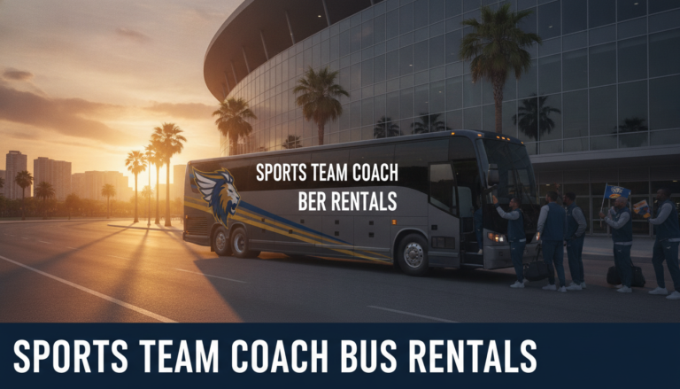 Sports team boarding coach bus outside stadium at sunset