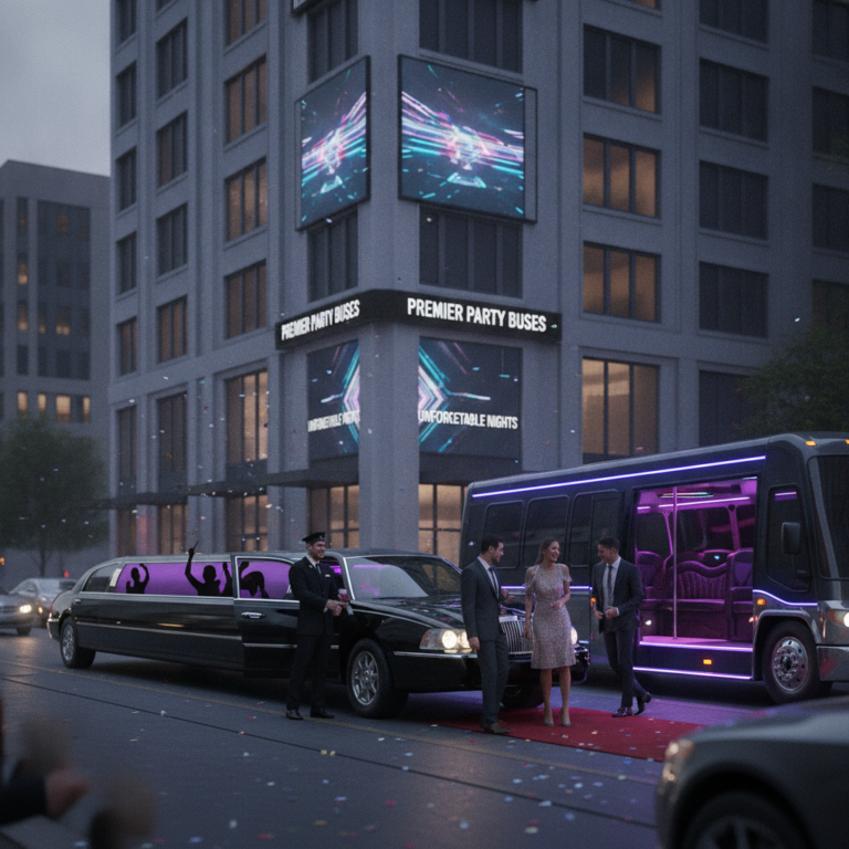 Luxury stretch limousine and party bus outside Premier Party Buses