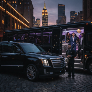 Luxury party bus and SUV in New York City at night