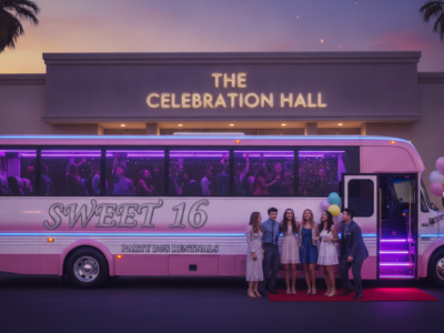 Teens pose beside Sweet 16 party bus at venue