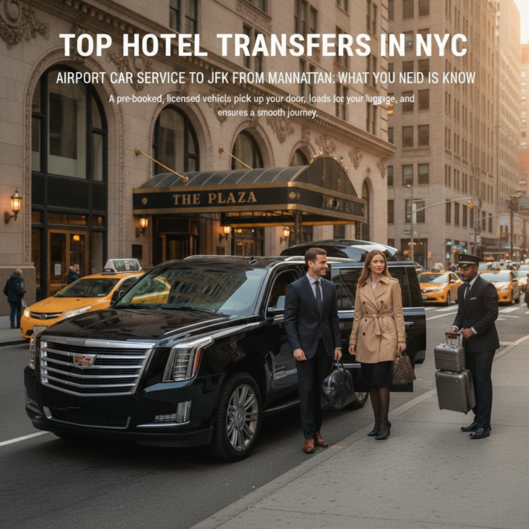 Luxury black SUV hotel transfer service outside The Plaza NYC