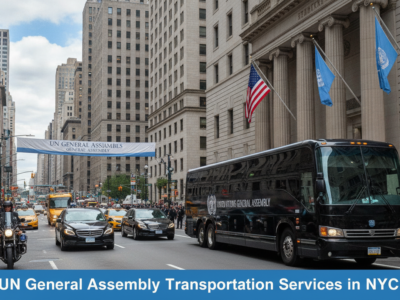 UN General Assembly motorcade with black bus in New York City