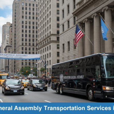 UN General Assembly motorcade with black bus in New York City