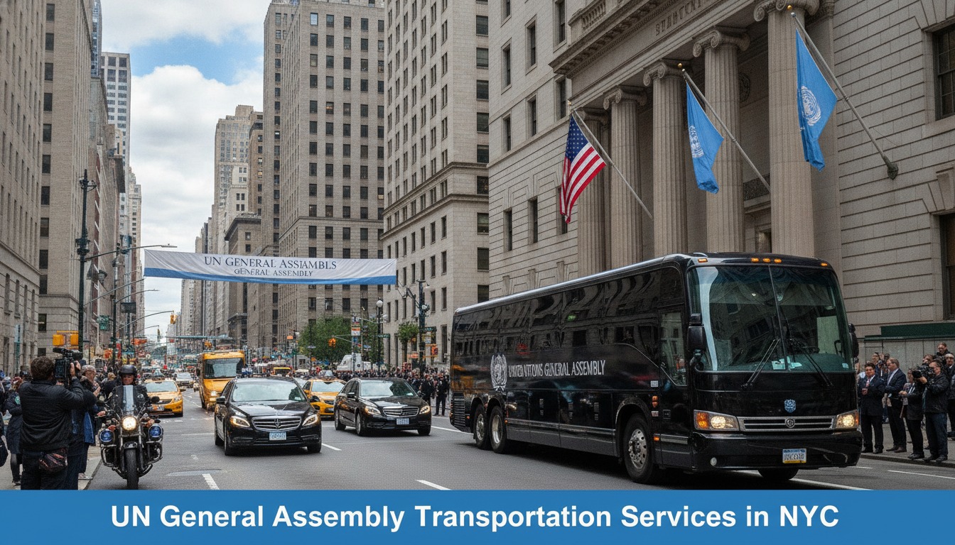 UN General Assembly motorcade with black bus in New York City