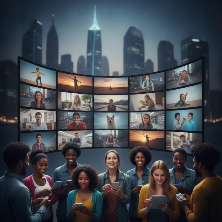 Diverse group using smartphones before a large video wall