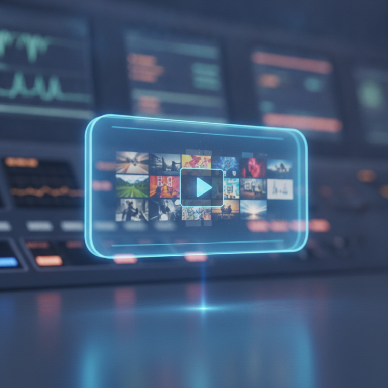 Futuristic holographic video streaming interface with play button