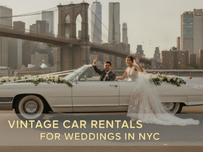 Newlyweds in vintage convertible before Brooklyn Bridge, NYC