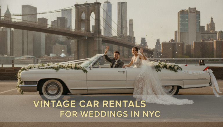 Newlyweds in vintage convertible before Brooklyn Bridge, NYC