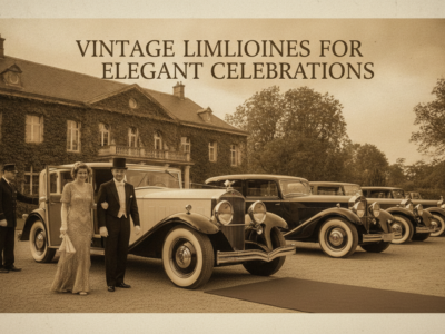 Vintage limousines and elegant couple outside grand estate