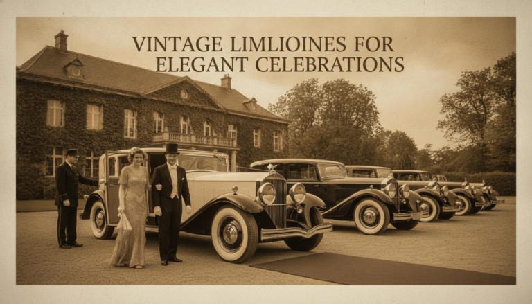 Vintage limousines and elegant couple outside grand estate