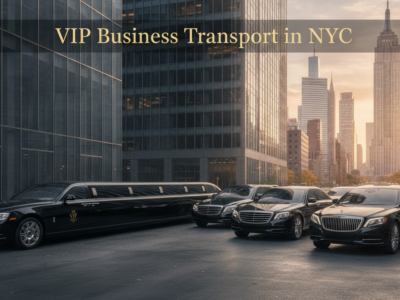 Luxury VIP limousine and black cars in NYC skyline