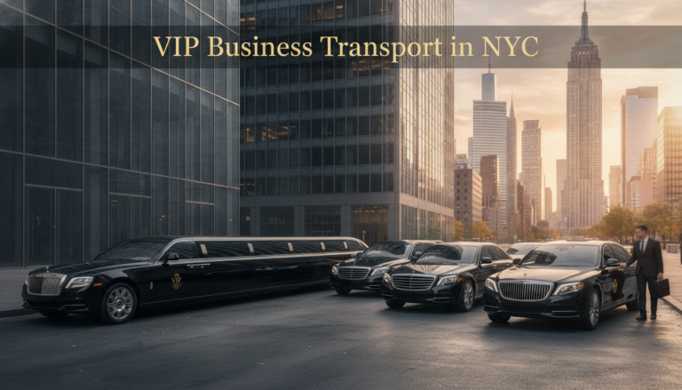 Luxury VIP limousine and black cars in NYC skyline