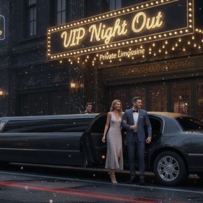 Couple exits limousine outside VIP Night Out venue