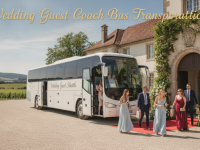 Wedding guests exit a coach bus at an elegant venue.