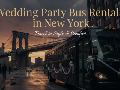 Decorated wedding party bus near Brooklyn Bridge at sunset