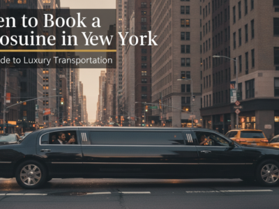 Black limousine driving through Manhattan streets at dusk