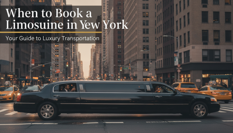 Black limousine driving through Manhattan streets at dusk