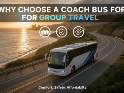 Coach bus traveling coastal road at sunset promoting group travel.