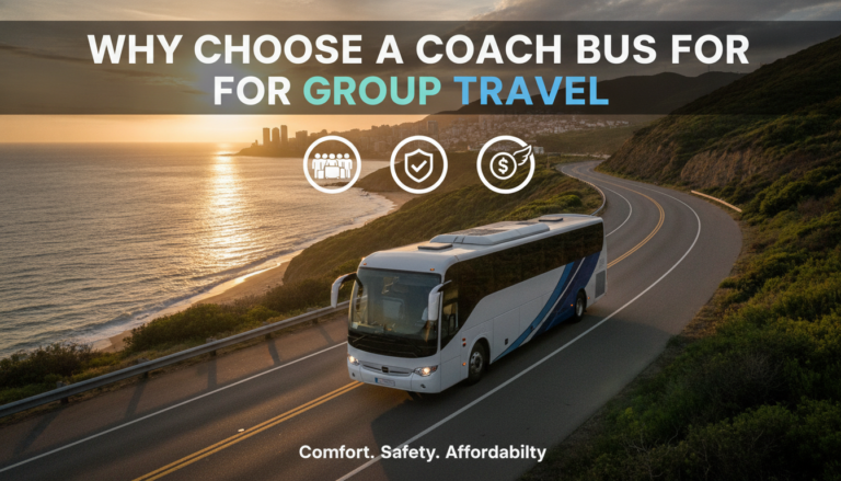 Coach bus traveling coastal road at sunset promoting group travel.
