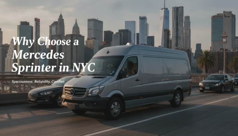 Mercedes Sprinter van driving in New York City skyline