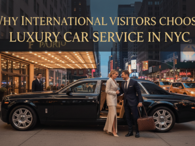 Couple arriving in luxury black car service in NYC