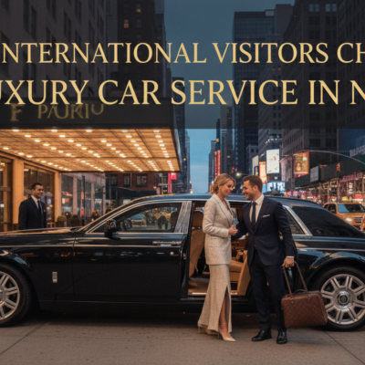Couple arriving in luxury black car service in NYC
