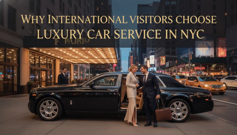 Couple arriving in luxury black car service in NYC
