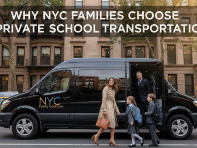 NYC family boarding private school transportation van with children