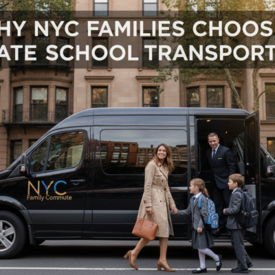 NYC family boarding private school transportation van with children