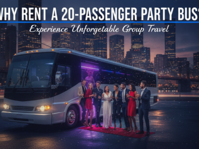 Party bus rental advertisement with elegant group at night