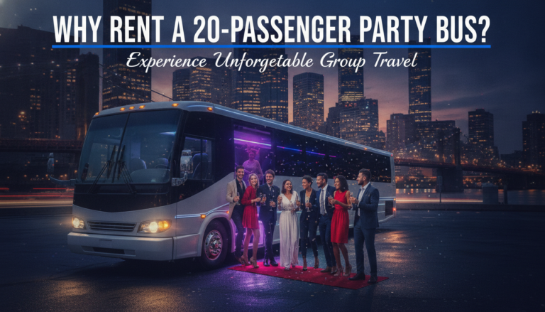 Party bus rental advertisement with elegant group at night