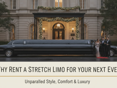 Stretch limousine outside elegant event venue with formally dressed guests